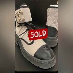 2022 CHANEL grey interlocking CC logo Combat boots